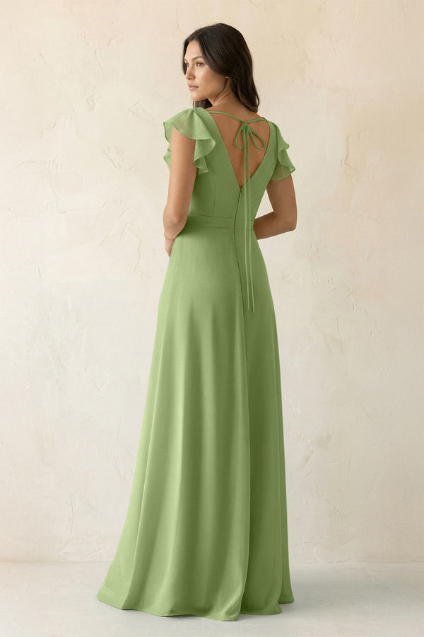 V - Neck Ruffled A - Line Chiffon Bridesmaid Dress in Matcha - KissProm Bridesmaid Dresses