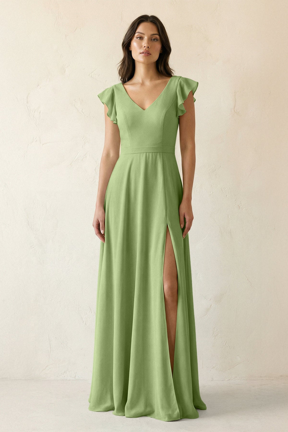 V - Neck Ruffled A - Line Chiffon Bridesmaid Dress in Matcha - KissProm Bridesmaid Dresses
