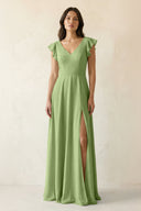 V - Neck Ruffled A - Line Chiffon Bridesmaid Dress in Matcha - KissProm Bridesmaid Dresses