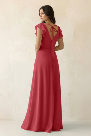 V - Neck Ruffled A - Line Chiffon Bridesmaid Dress in Merlot - KissProm Bridesmaid Dresses
