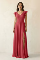 V - Neck Ruffled A - Line Chiffon Bridesmaid Dress in Merlot - KissProm Bridesmaid Dresses