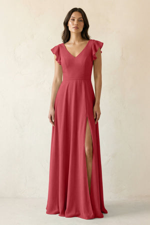 V - Neck Ruffled A - Line Chiffon Bridesmaid Dress in Merlot - KissProm Bridesmaid Dresses