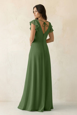 V - Neck Ruffled A - Line Chiffon Bridesmaid Dress in Moss - KissProm Bridesmaid Dresses
