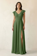 V - Neck Ruffled A - Line Chiffon Bridesmaid Dress in Moss - KissProm Bridesmaid Dresses