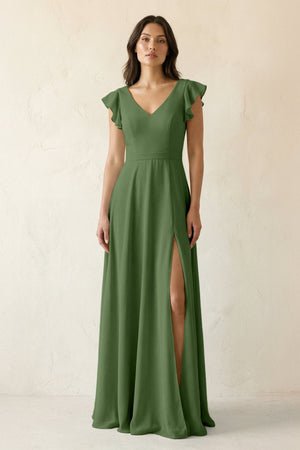 V - Neck Ruffled A - Line Chiffon Bridesmaid Dress in Moss - KissProm Bridesmaid Dresses