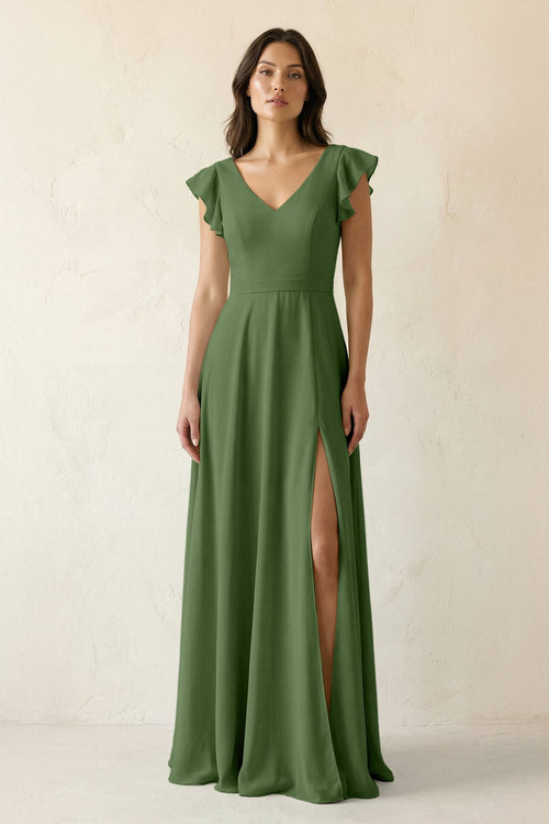 V - Neck Ruffled A - Line Chiffon Bridesmaid Dress in Moss - KissProm Bridesmaid Dresses