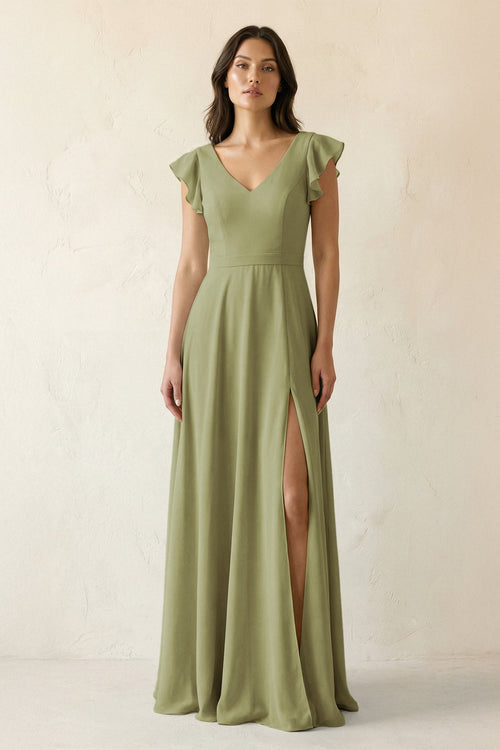 V - Neck Ruffled A - Line Chiffon Bridesmaid Dress in Moss Green - KissProm Bridesmaid Dresses