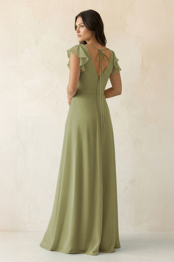V - Neck Ruffled A - Line Chiffon Bridesmaid Dress in Moss Green - KissProm Bridesmaid Dresses