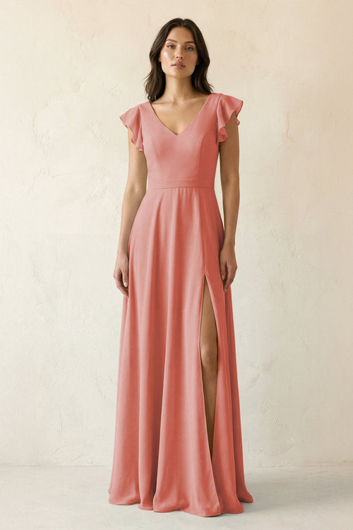 V - Neck Ruffled A - Line Chiffon Bridesmaid Dress in Mulberry - KissProm Bridesmaid Dresses