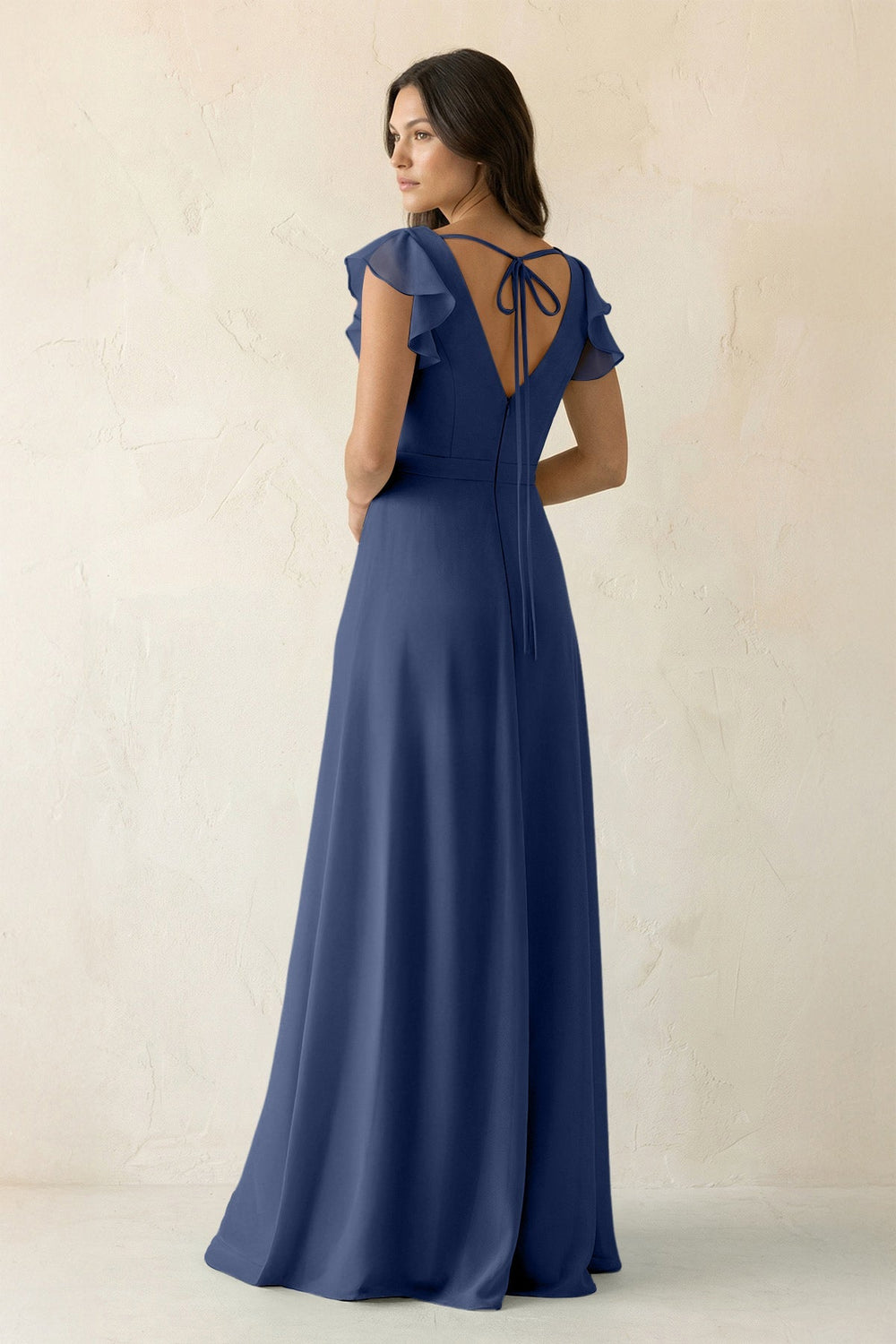 V - Neck Ruffled A - Line Chiffon Bridesmaid Dress in Navy - KissProm Bridesmaid Dresses