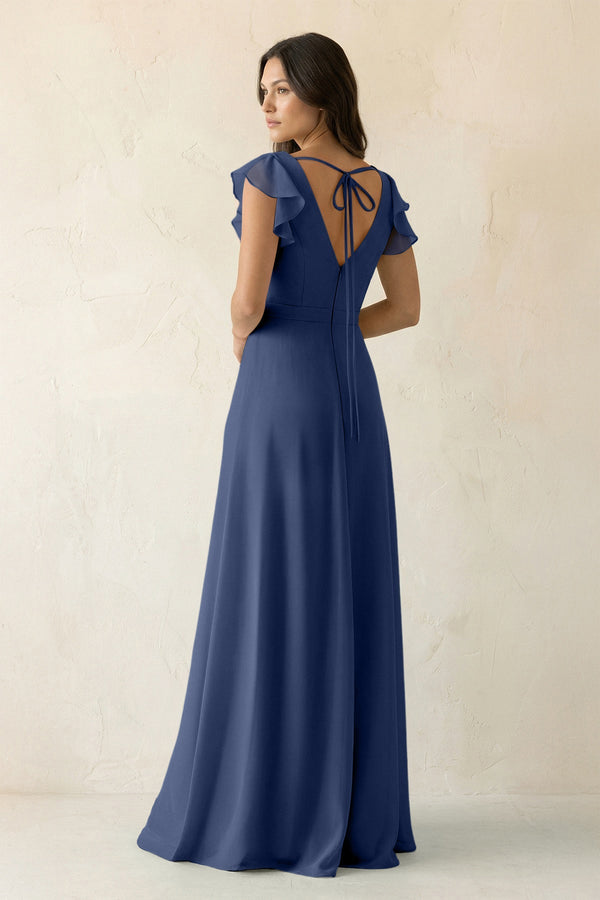 V - Neck Ruffled A - Line Chiffon Bridesmaid Dress in Navy - KissProm Bridesmaid Dresses