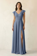 V - Neck Ruffled A - Line Chiffon Bridesmaid Dress in Neptune - KissProm Bridesmaid Dresses