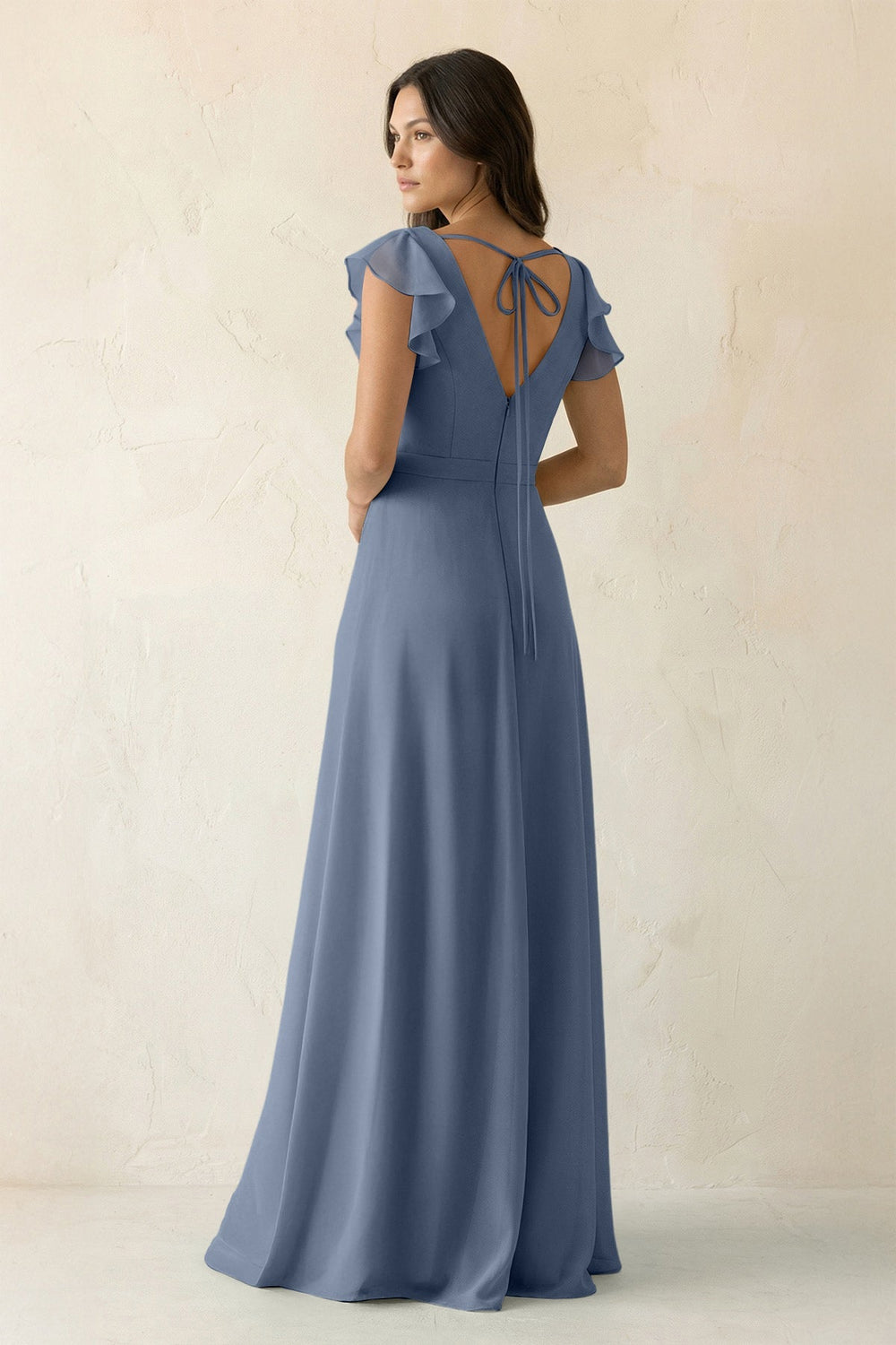 V - Neck Ruffled A - Line Chiffon Bridesmaid Dress in Neptune - KissProm Bridesmaid Dresses