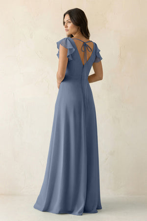 V - Neck Ruffled A - Line Chiffon Bridesmaid Dress in Neptune - KissProm Bridesmaid Dresses