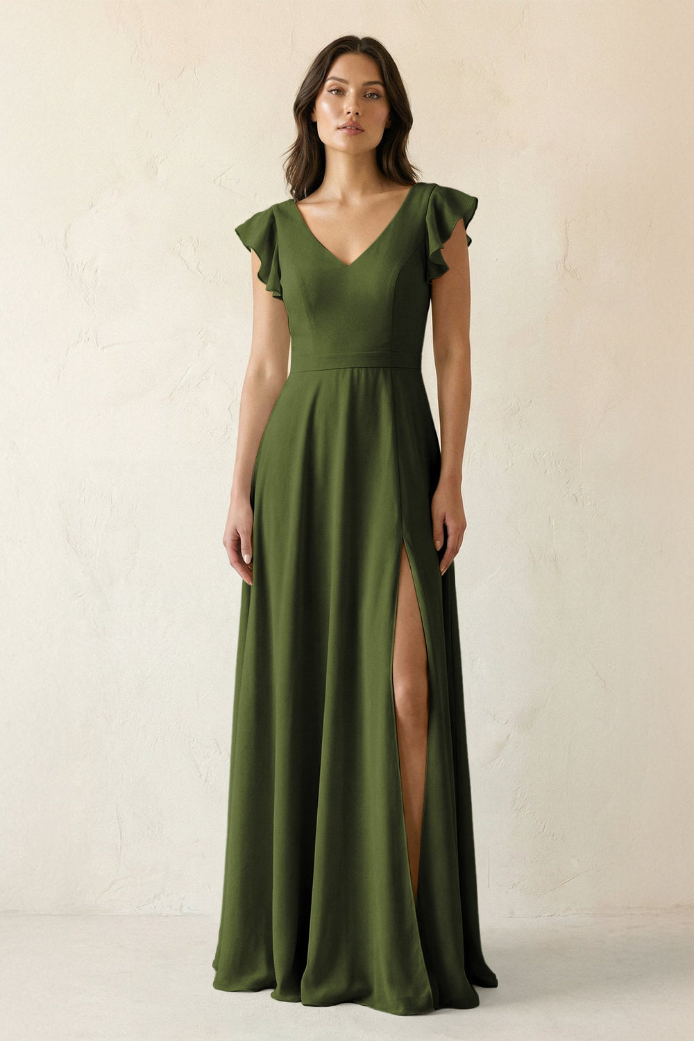 V - Neck Ruffled A - Line Chiffon Bridesmaid Dress in Olive - KissProm Bridesmaid Dresses