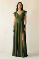 V - Neck Ruffled A - Line Chiffon Bridesmaid Dress in Olive - KissProm Bridesmaid Dresses