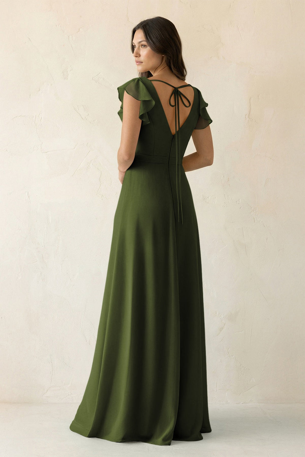 V - Neck Ruffled A - Line Chiffon Bridesmaid Dress in Olive - KissProm Bridesmaid Dresses
