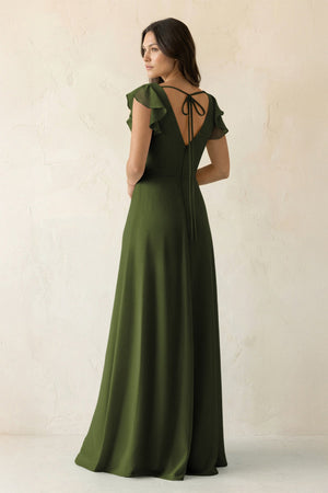 V - Neck Ruffled A - Line Chiffon Bridesmaid Dress in Olive - KissProm Bridesmaid Dresses