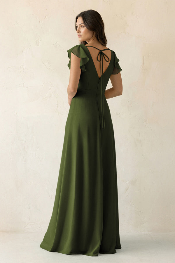 V - Neck Ruffled A - Line Chiffon Bridesmaid Dress in Olive - KissProm Bridesmaid Dresses