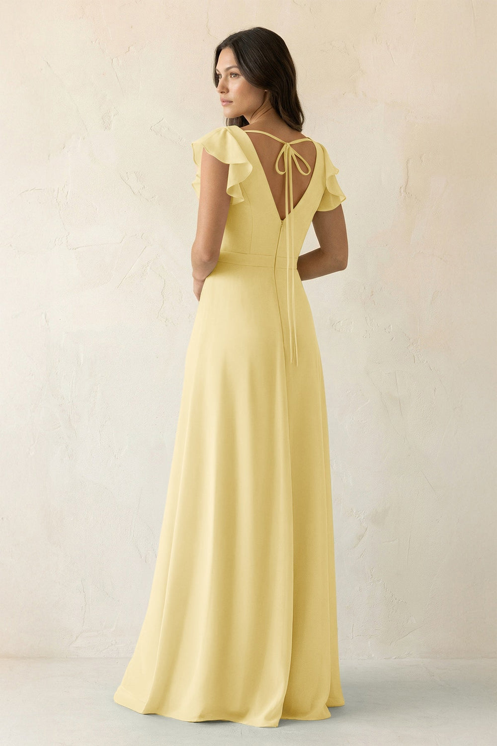 V - Neck Ruffled A - Line Chiffon Bridesmaid Dress in Pastel Yellow - KissProm Bridesmaid Dresses