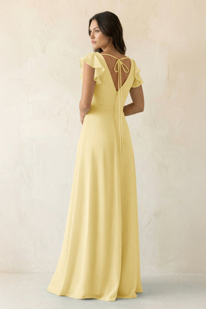 V - Neck Ruffled A - Line Chiffon Bridesmaid Dress in Pastel Yellow - KissProm Bridesmaid Dresses