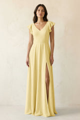 V - Neck Ruffled A - Line Chiffon Bridesmaid Dress in Pastel Yellow - KissProm Bridesmaid Dresses