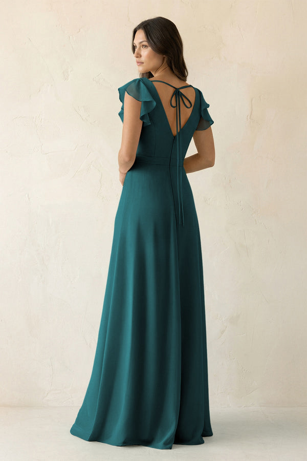 V - Neck Ruffled A - Line Chiffon Bridesmaid Dress in Pine - KissProm Bridesmaid Dresses