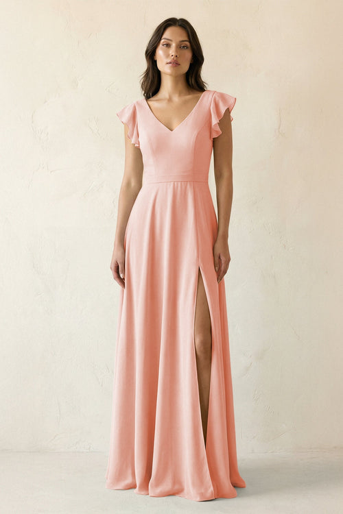 V - Neck Ruffled A - Line Chiffon Bridesmaid Dress in Rose Petal - KissProm Bridesmaid Dresses