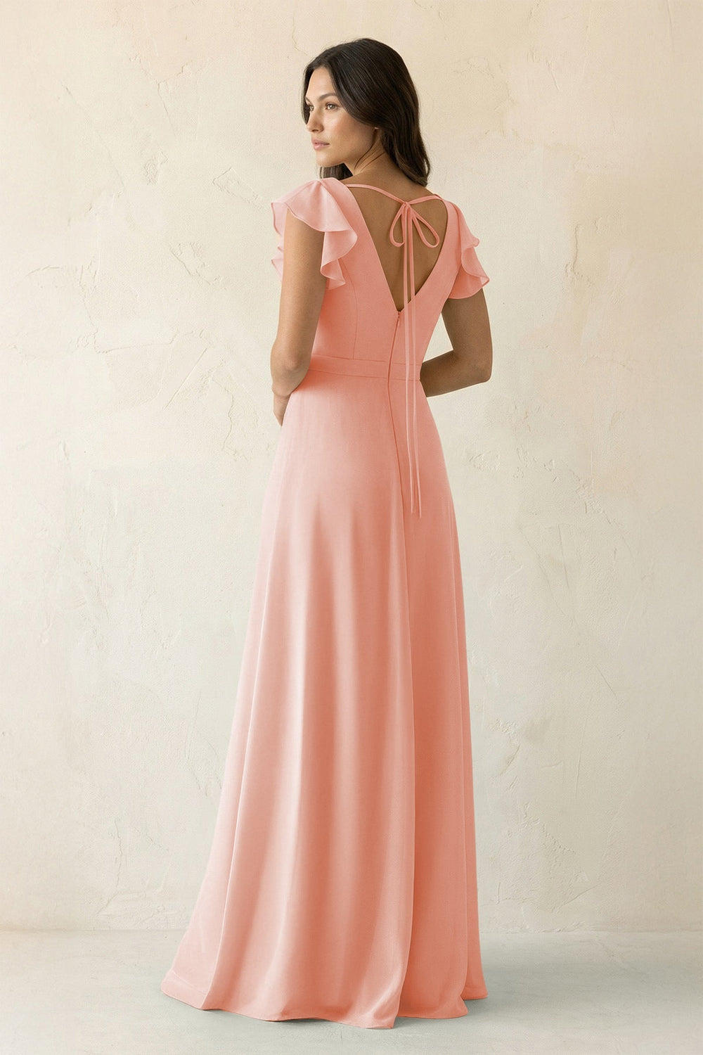 V - Neck Ruffled A - Line Chiffon Bridesmaid Dress in Rose Petal - KissProm Bridesmaid Dresses