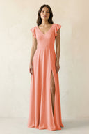 V - Neck Ruffled A - Line Chiffon Bridesmaid Dress in Rosette - KissProm Bridesmaid Dresses