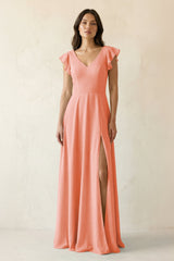V - Neck Ruffled A - Line Chiffon Bridesmaid Dress in Rosette - KissProm Bridesmaid Dresses