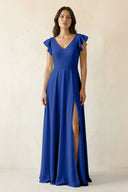 V - Neck Ruffled A - Line Chiffon Bridesmaid Dress in Royal Blue - KissProm Bridesmaid Dresses