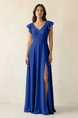V - Neck Ruffled A - Line Chiffon Bridesmaid Dress in Royal Blue - KissProm Bridesmaid Dresses