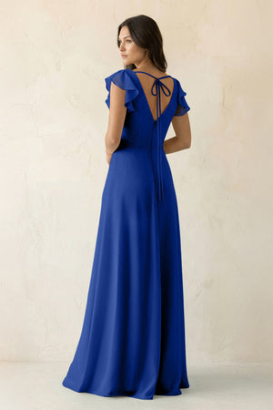 V - Neck Ruffled A - Line Chiffon Bridesmaid Dress in Royal Blue - KissProm Bridesmaid Dresses