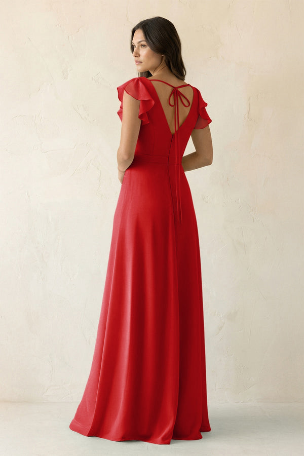 V - Neck Ruffled A - Line Chiffon Bridesmaid Dress in Ruby Red - KissProm Bridesmaid Dresses