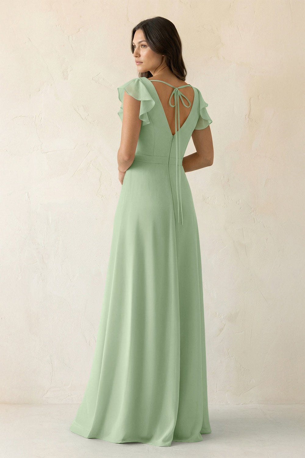 V - Neck Ruffled A - Line Chiffon Bridesmaid Dress in Sage - KissProm Bridesmaid Dresses