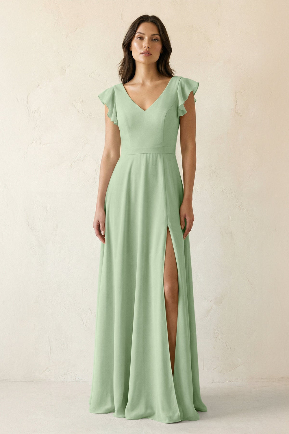 V - Neck Ruffled A - Line Chiffon Bridesmaid Dress in Sage - KissProm Bridesmaid Dresses