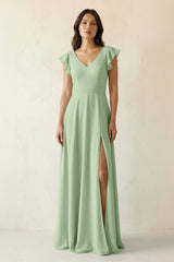 V - Neck Ruffled A - Line Chiffon Bridesmaid Dress in Sage - KissProm Bridesmaid Dresses