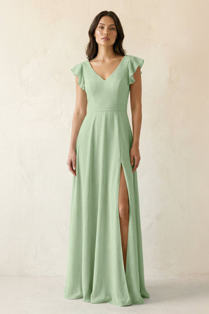 V - Neck Ruffled A - Line Chiffon Bridesmaid Dress in Sage - KissProm Bridesmaid Dresses
