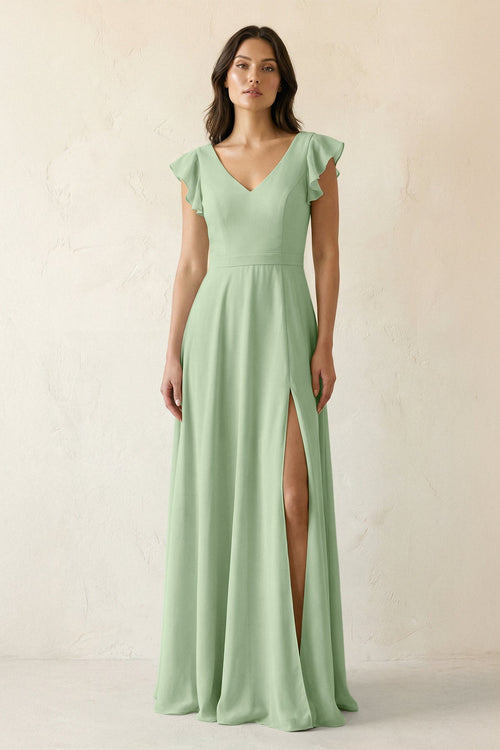 V - Neck Ruffled A - Line Chiffon Bridesmaid Dress in Sage - KissProm Bridesmaid Dresses