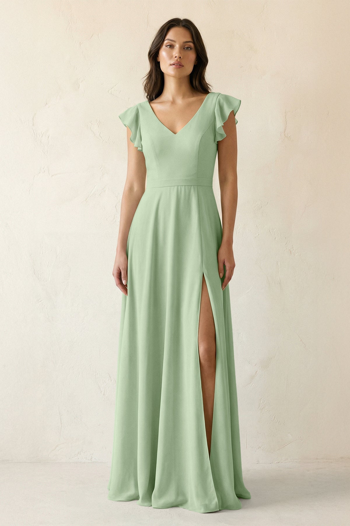 ruffle collar bridesmaid dress KissProm V-Neck Ruffled A-Line Chiffon in Sage, Sage / 16 this design features delicate