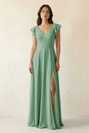 V - Neck Ruffled A - Line Chiffon Bridesmaid Dress in Sea Glass - KissProm Bridesmaid Dresses