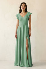 V - Neck Ruffled A - Line Chiffon Bridesmaid Dress in Sea Glass - KissProm Bridesmaid Dresses