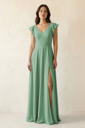 V - Neck Ruffled A - Line Chiffon Bridesmaid Dress in Sea Glass - KissProm Bridesmaid Dresses