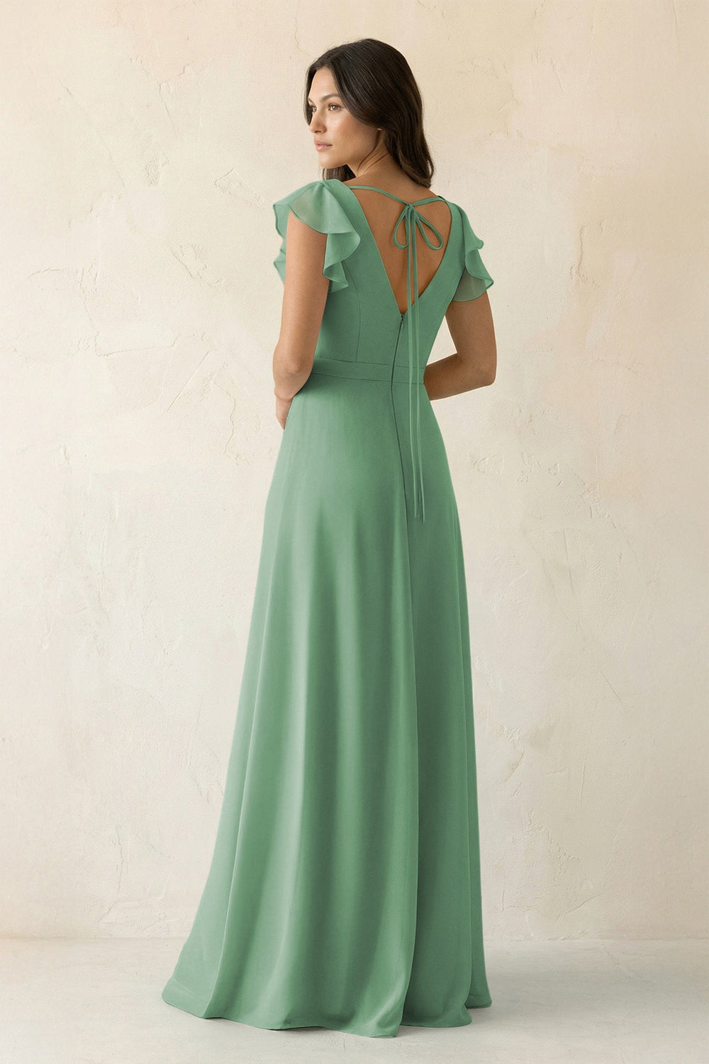 V - Neck Ruffled A - Line Chiffon Bridesmaid Dress in Sea Glass - KissProm Bridesmaid Dresses