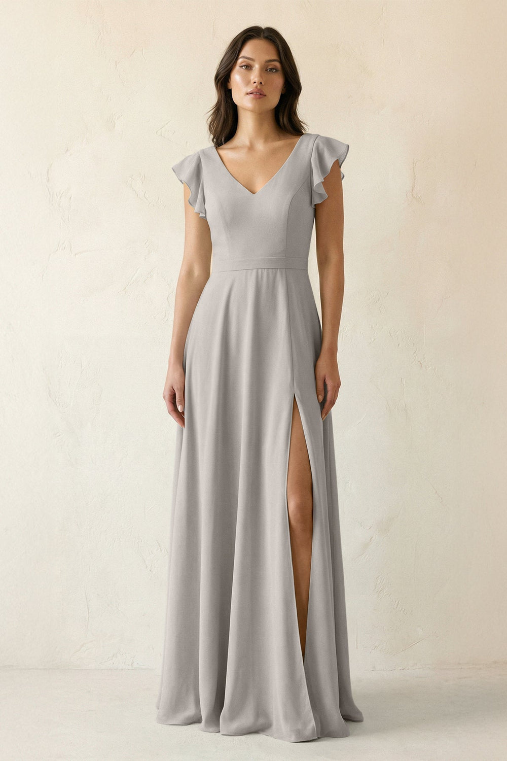 V - Neck Ruffled A - Line Chiffon Bridesmaid Dress in Silver - KissProm Bridesmaid Dresses