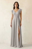 V - Neck Ruffled A - Line Chiffon Bridesmaid Dress in Silver - KissProm Bridesmaid Dresses