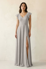 V - Neck Ruffled A - Line Chiffon Bridesmaid Dress in Silver - KissProm Bridesmaid Dresses