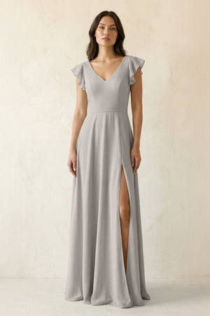 V - Neck Ruffled A - Line Chiffon Bridesmaid Dress in Silver - KissProm Bridesmaid Dresses
