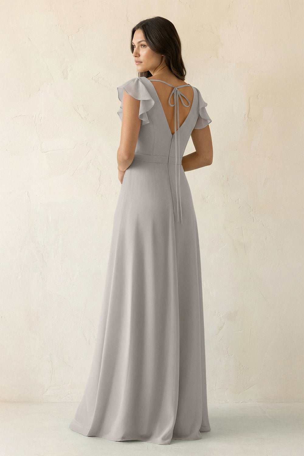 V - Neck Ruffled A - Line Chiffon Bridesmaid Dress in Silver - KissProm Bridesmaid Dresses